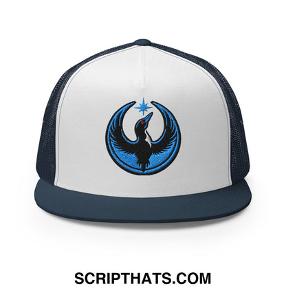 Rebel Loon Minnesota Bird of Resistance Embroidered Flat Bill Brim Mesh Trucker Hat Navy White Navy