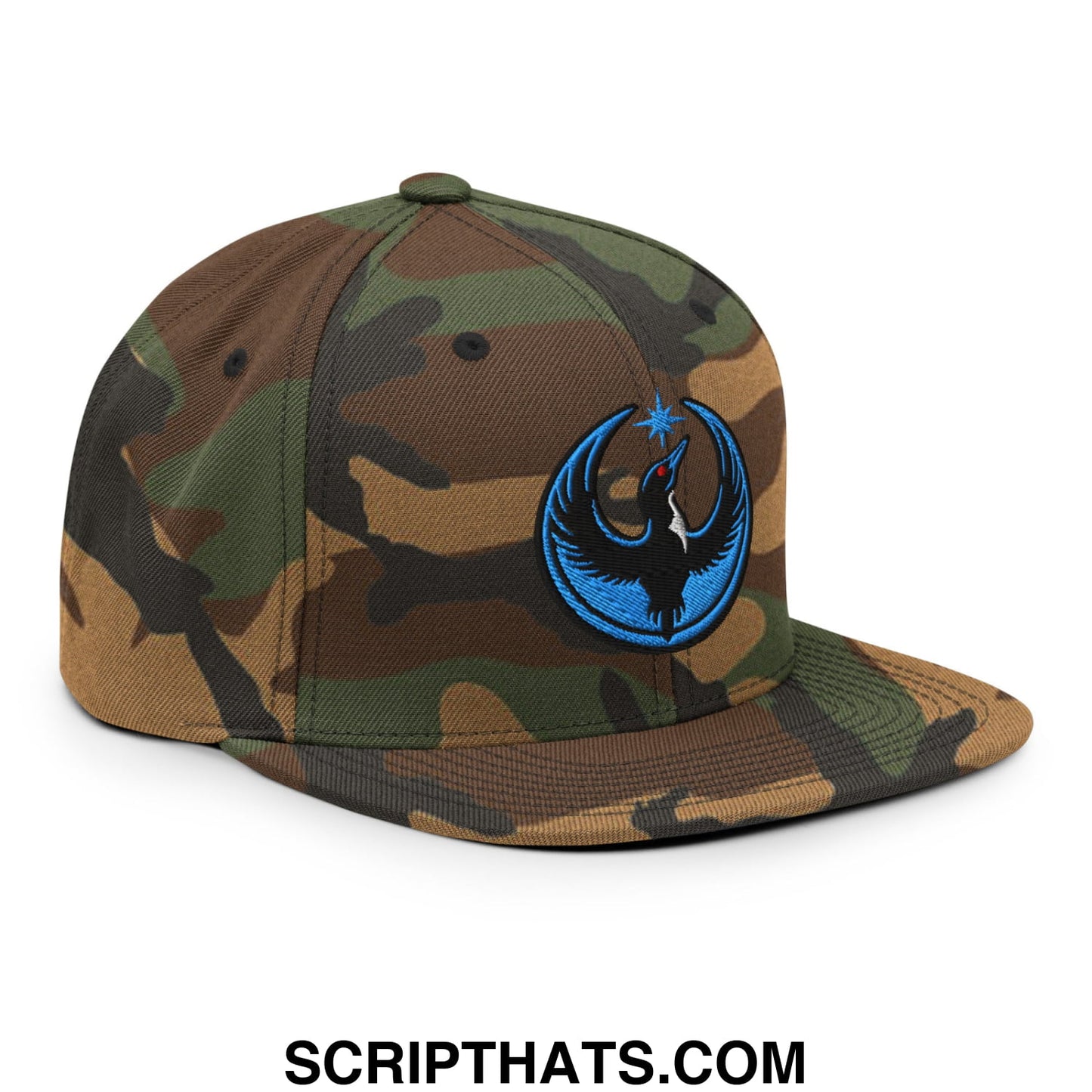 Rebel Loon Minnesota Bird of Resistance Embroidered Flat Bill Brim Snapback Hat Green Camo