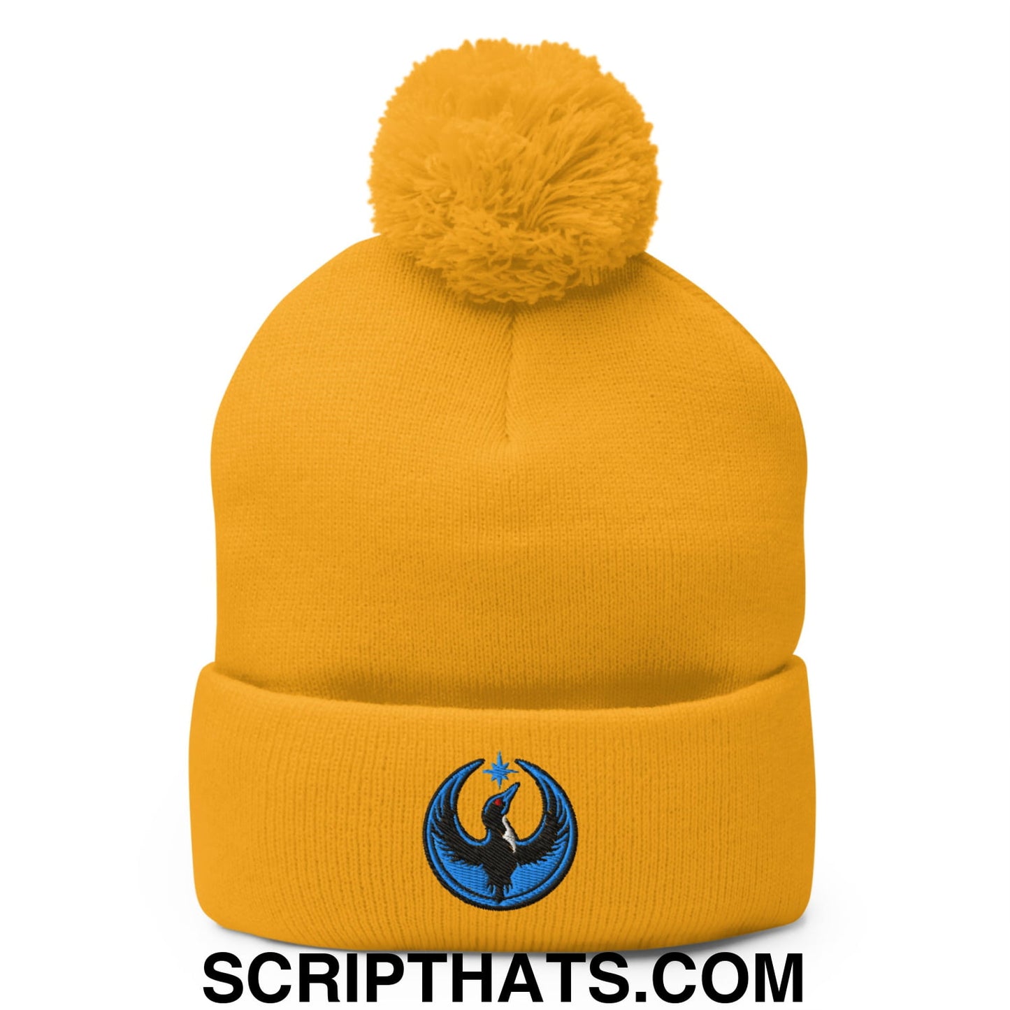 Rebel Loon Minnesota Bird of Resistance Embroidered Knit Pom Pom Beanie Gold