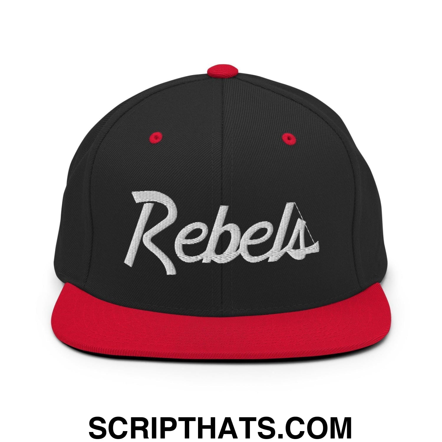 Rebels School Mascot Script Snapback Hat Black Red