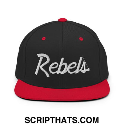 Rebels School Mascot Script Snapback Hat Black Red
