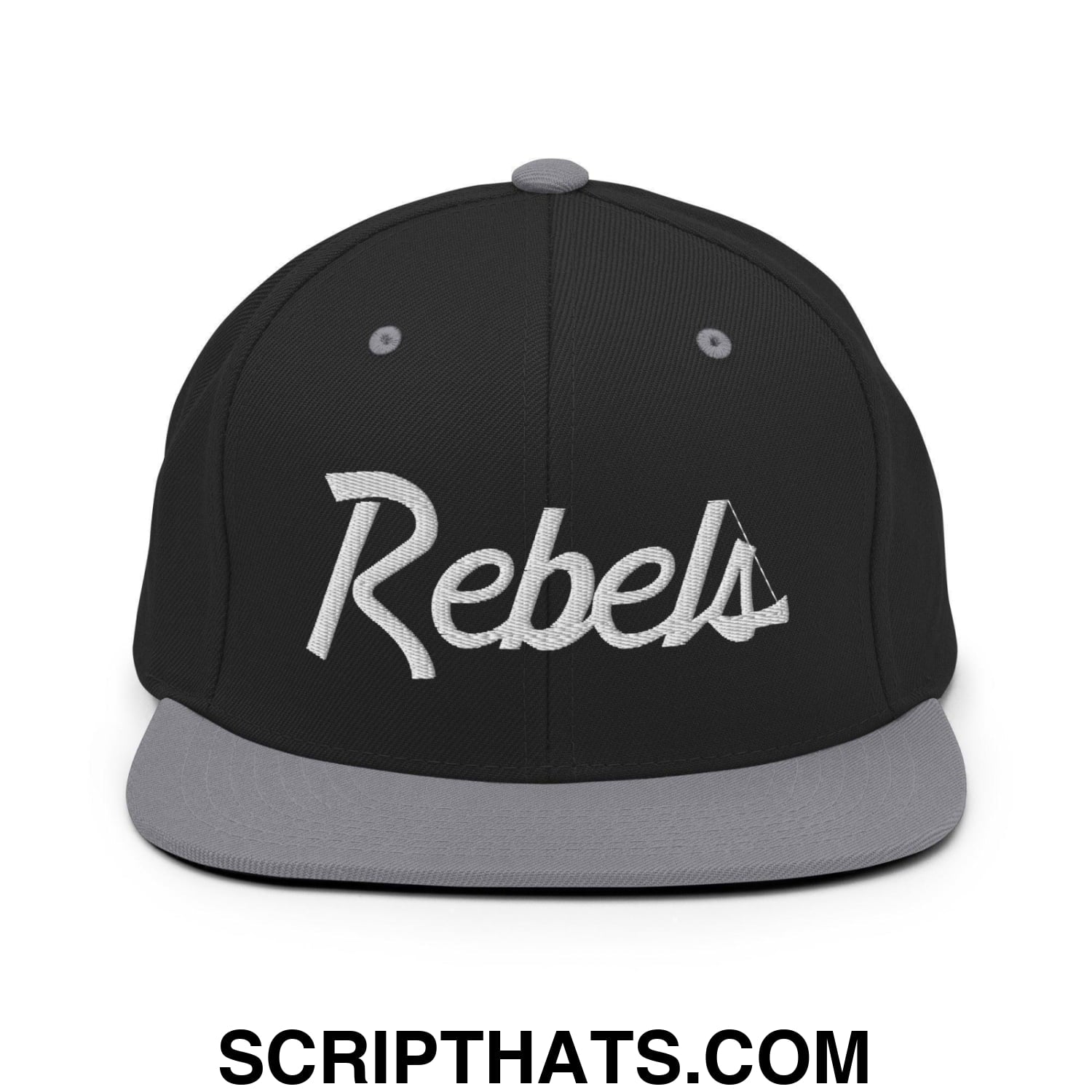 Rebels School Mascot Script Snapback Hat Black Silver