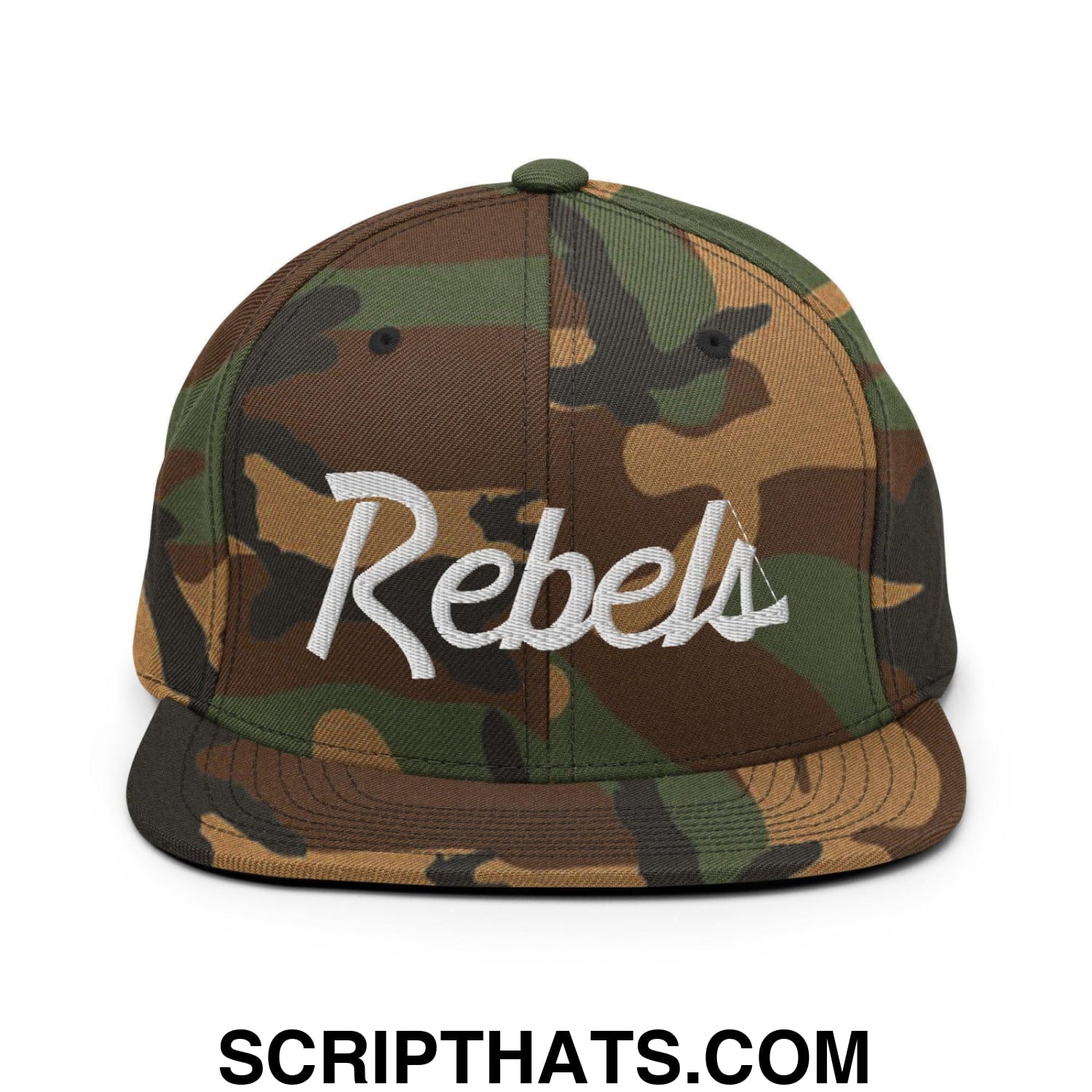 Rebels School Mascot Script Snapback Hat Green Camo