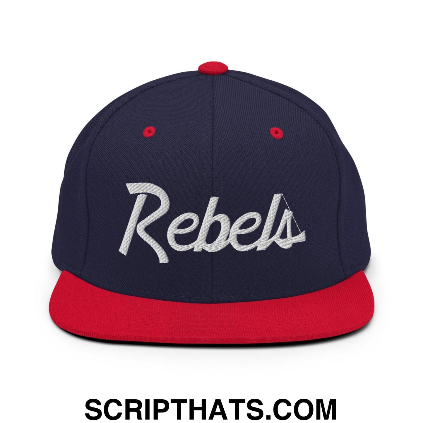 Rebels School Mascot Script Snapback Hat Navy Red