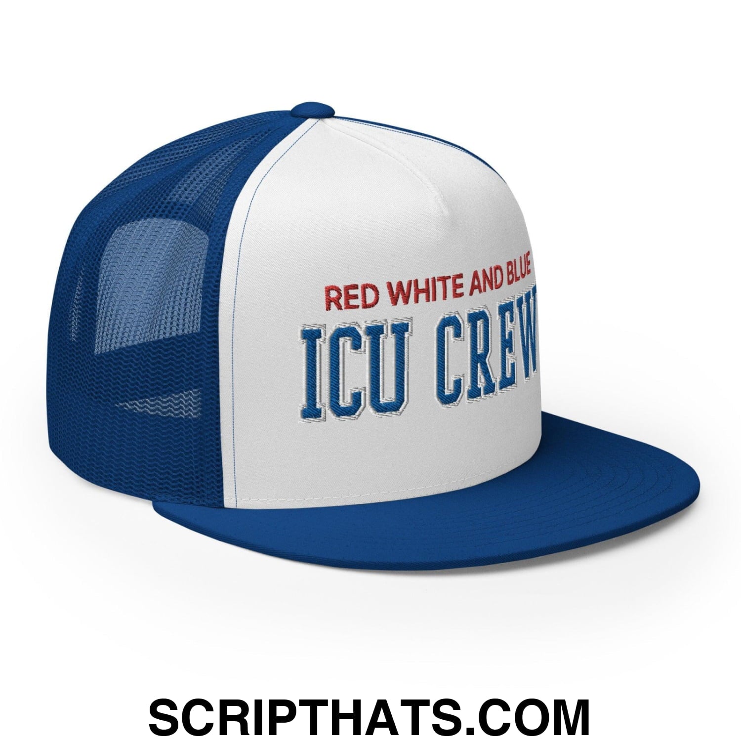 Red White and Blue ICU Crew Nurse 4th of July Funny Snapback Trucker Hat Royal White Royal