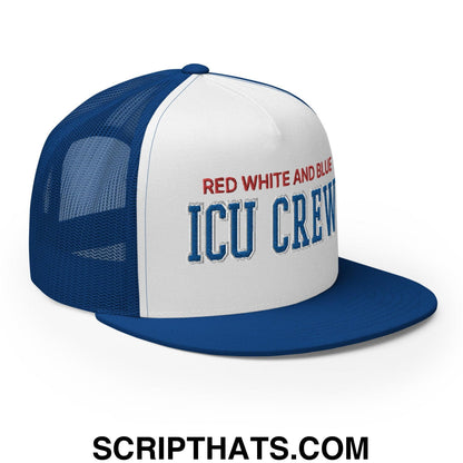 Red White and Blue ICU Crew Nurse 4th of July Funny Snapback Trucker Hat Royal White Royal