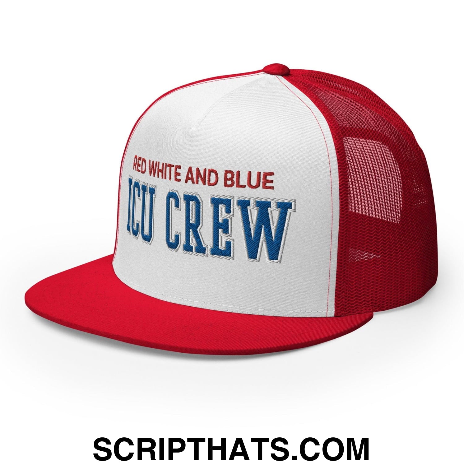 Red White and Blue ICU Crew Nurse 4th of July Funny Snapback Trucker Hat Red White Red
