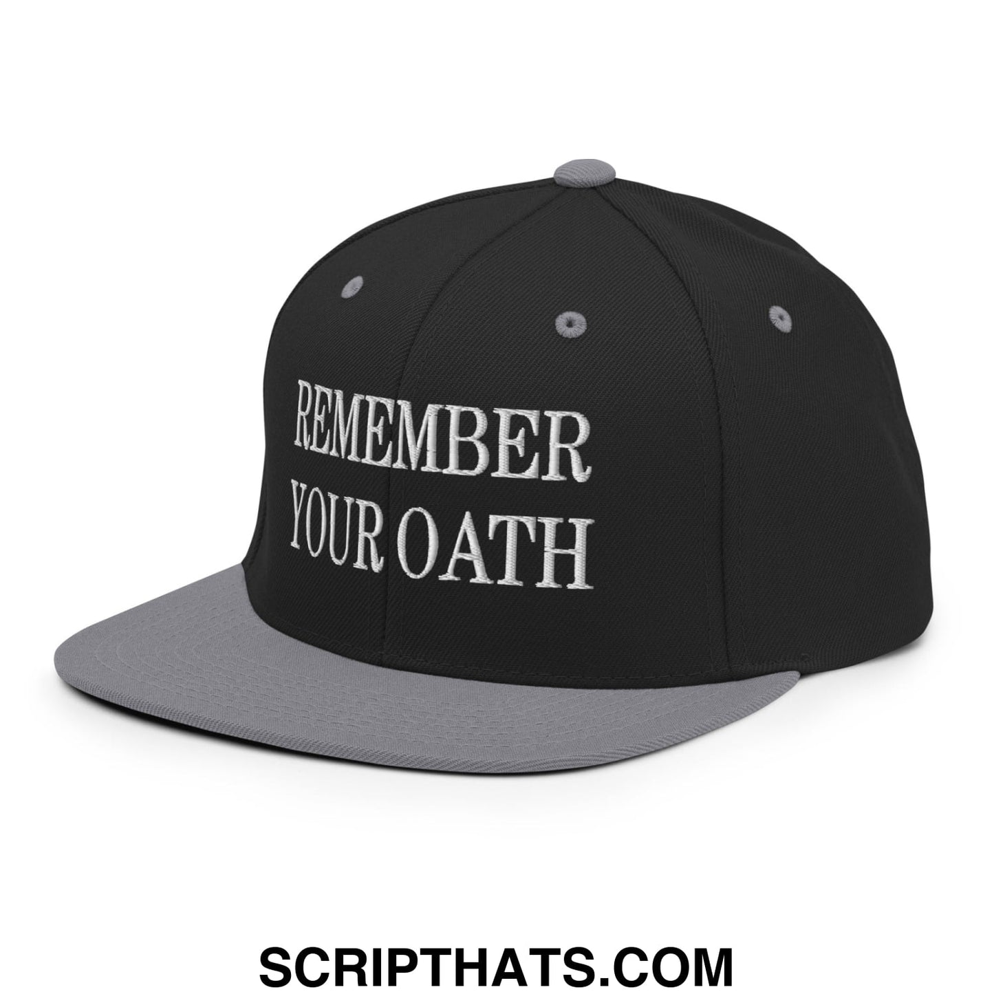 Black and gray snapback hat with white embroidered remember your oath text and flat bill brim design