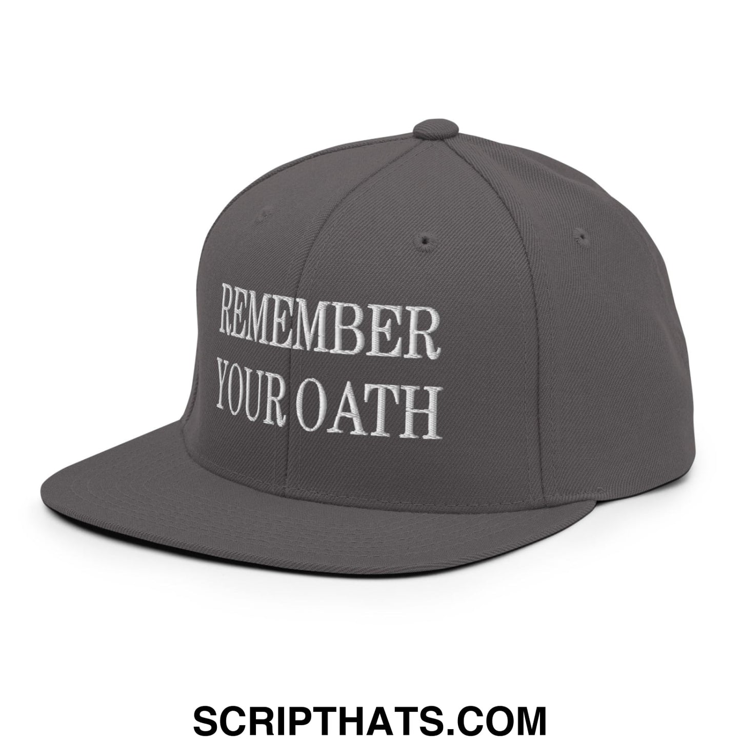 Gray snapback cap with white embroidered remember your oath text and flat bill brim for casual wear