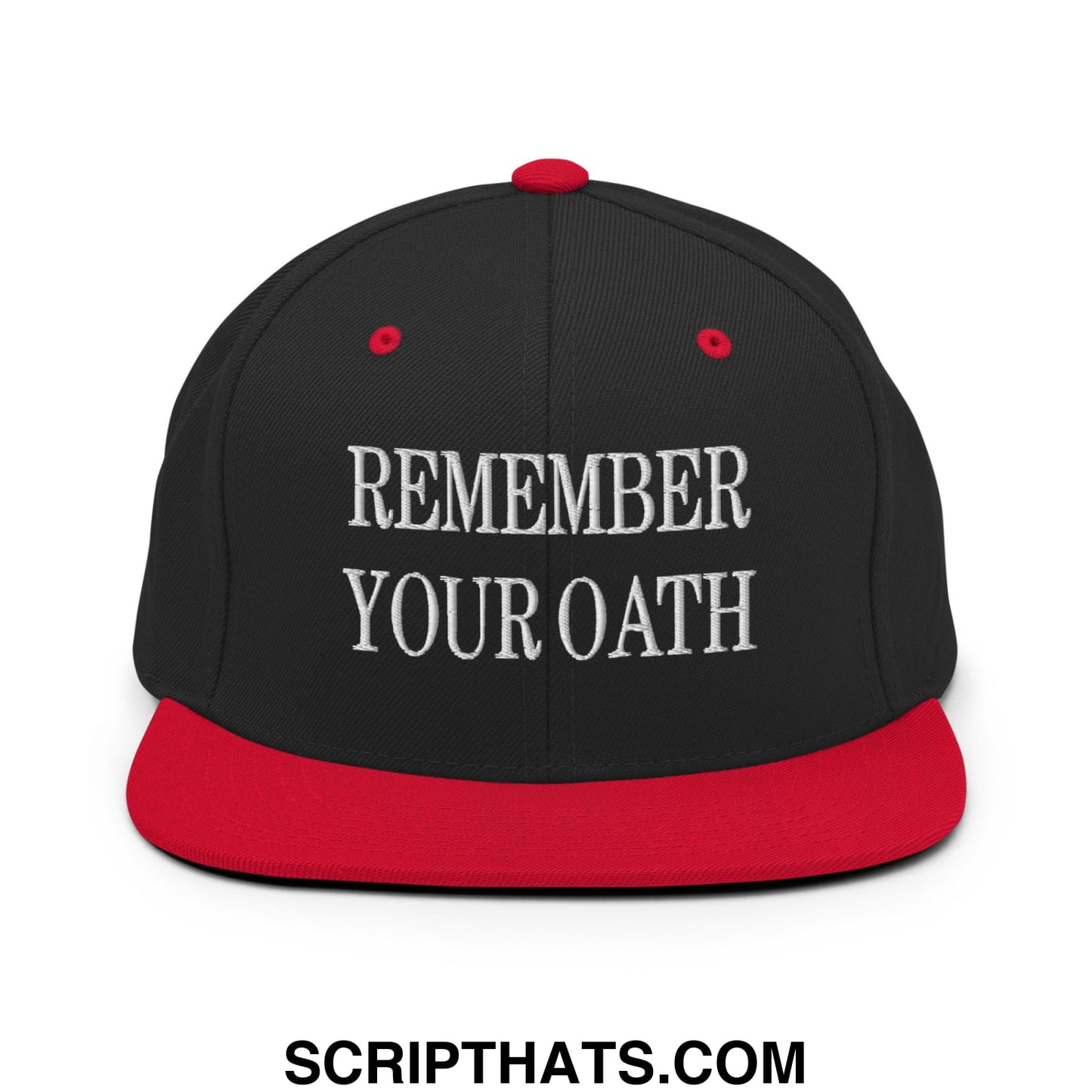 Black and red flat bill snapback hat with white embroidered text remember your oath for casual wear