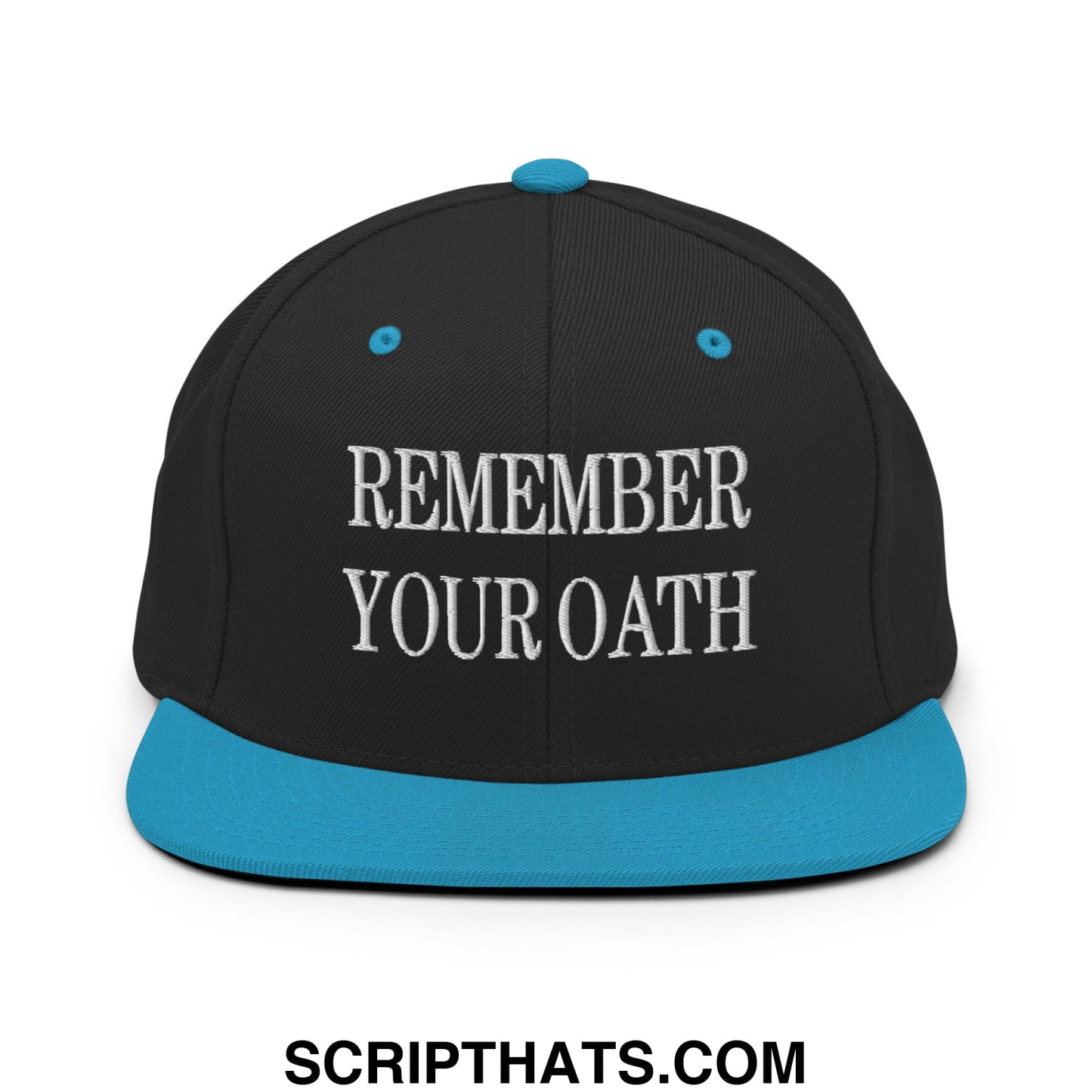 Black snapback hat with teal brim and button featuring white embroidered remember your oath text