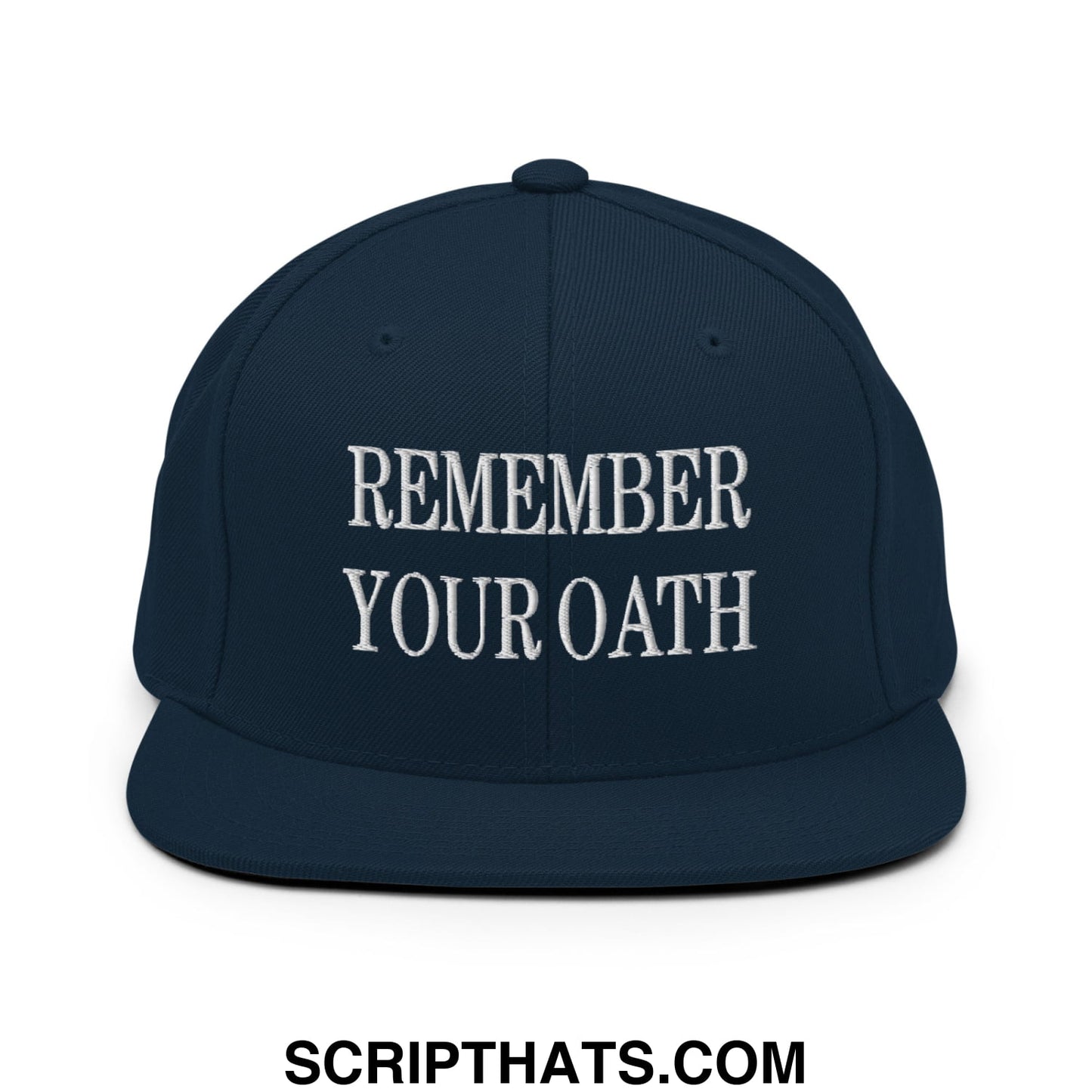 Navy blue flat bill brim snapback hat with white embroidered text remember your oath for casual wear