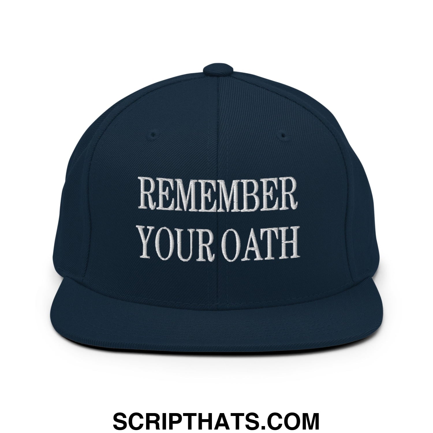 Navy blue flat bill brim snapback hat with white embroidered text remember your oath for casual wear