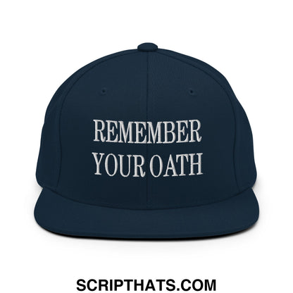 Navy blue flat bill brim snapback hat with white embroidered text remember your oath for casual wear