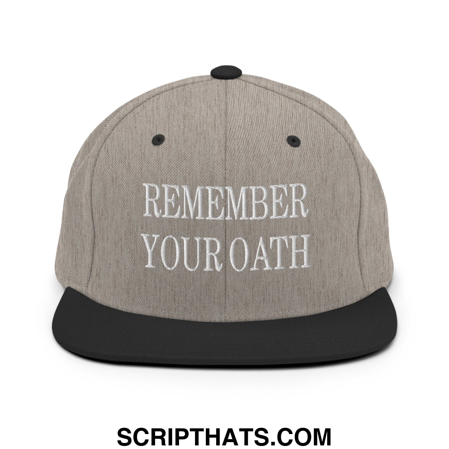 Gray and black snapback hat with white embroidered remember your oath text featuring a flat bill brim design
