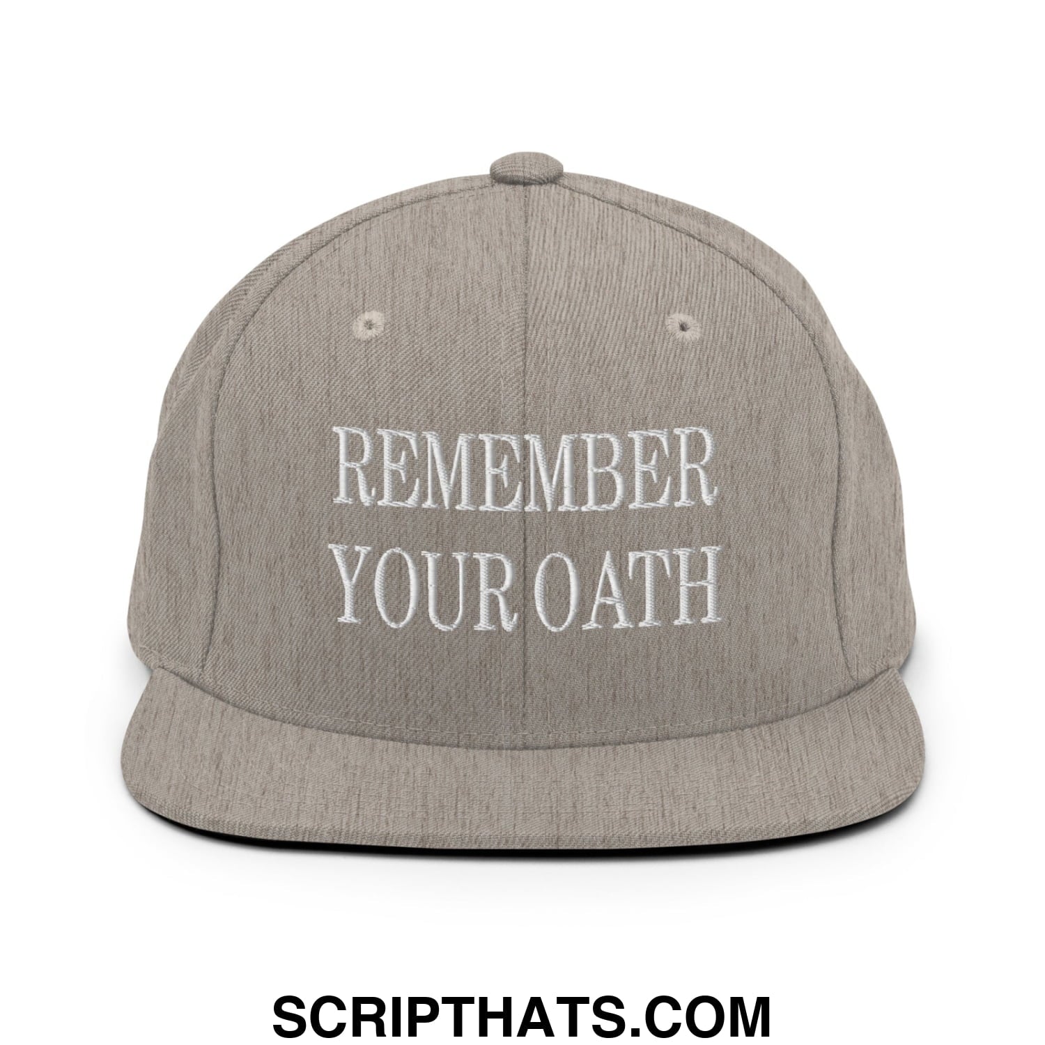 Gray flat bill brim snapback hat with white embroidered remember your oath text for casual wear
