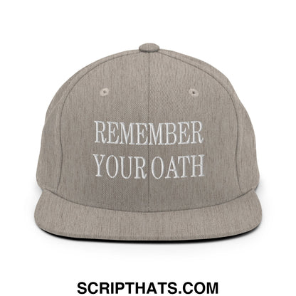 Gray flat bill brim snapback hat with white embroidered remember your oath text for casual wear