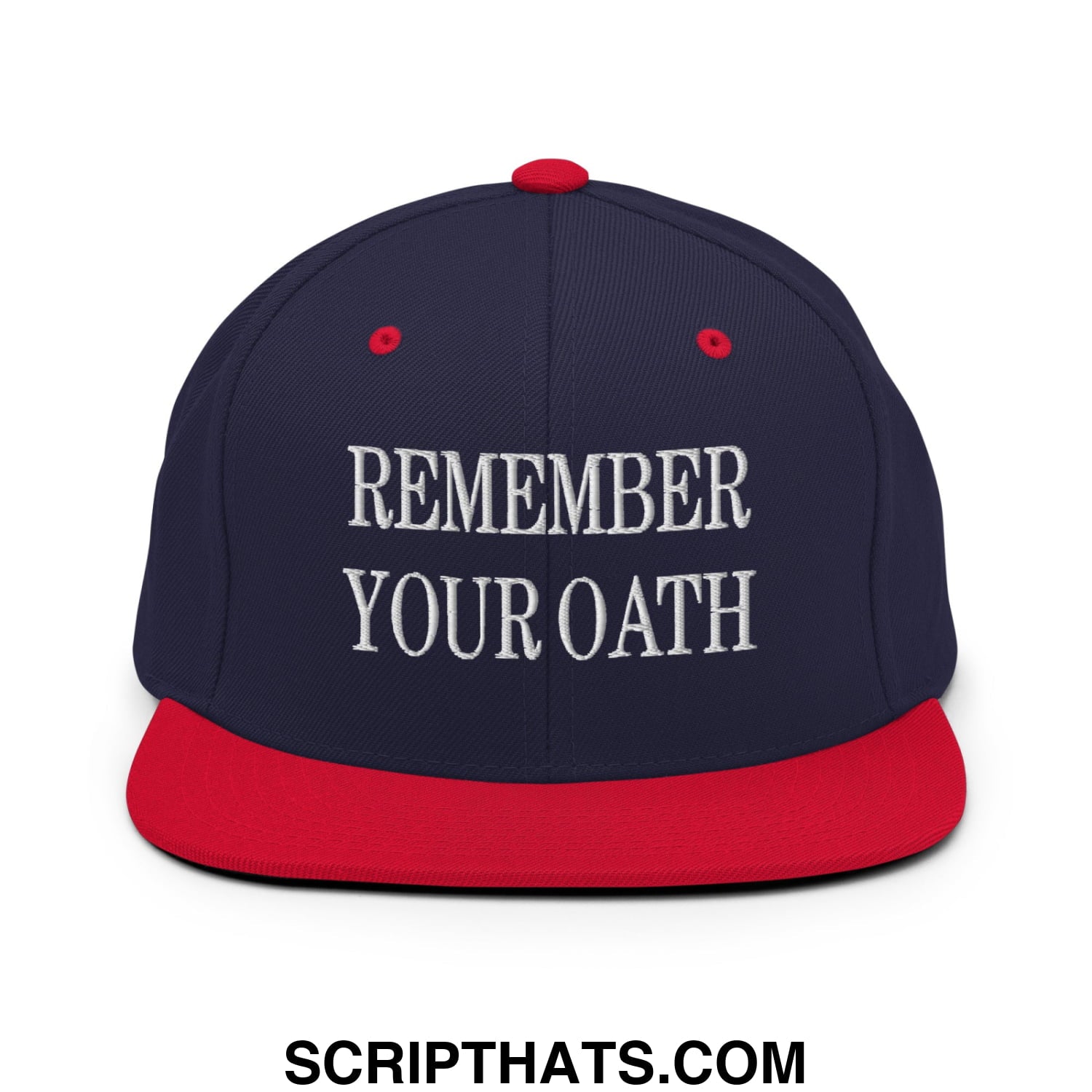 Navy blue and red snapback hat with white embroidered text remember your oath on flat bill brim