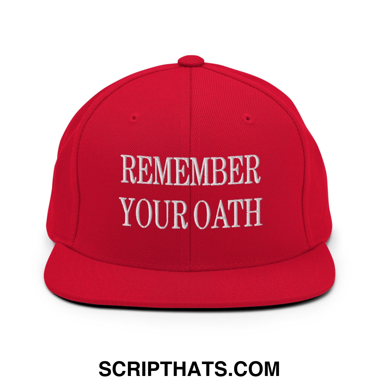Red snapback hat with white embroidered remember your oath text and flat bill brim for casual wear