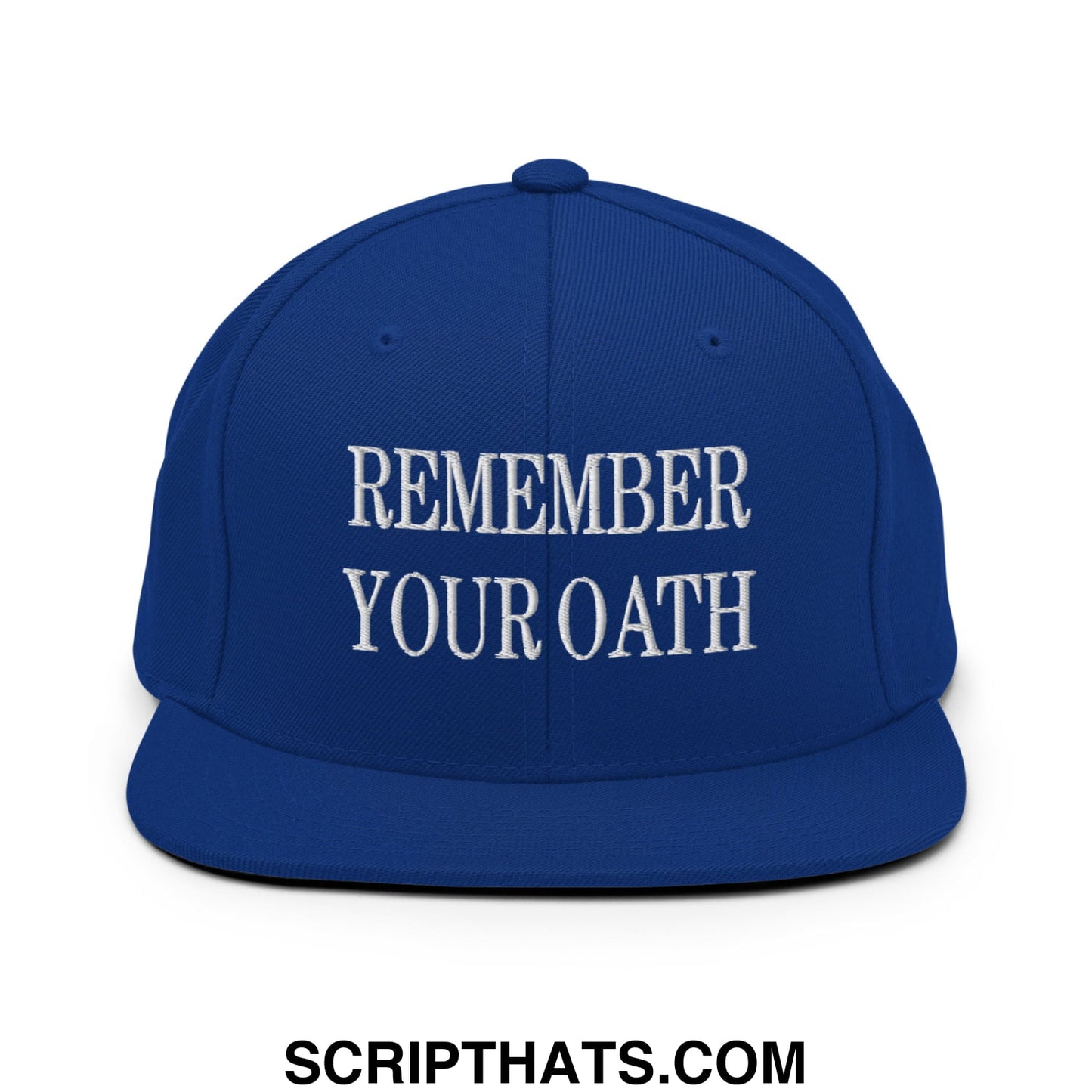 Royal blue snapback hat with white embroidered remember your oath text and flat bill brim for casual wear