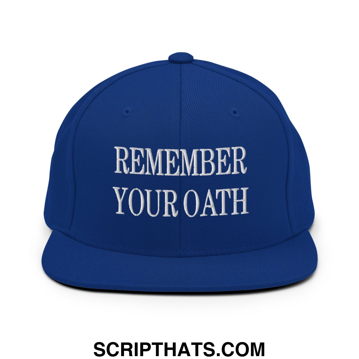 Royal blue snapback hat with white embroidered remember your oath text and flat bill brim for casual wear