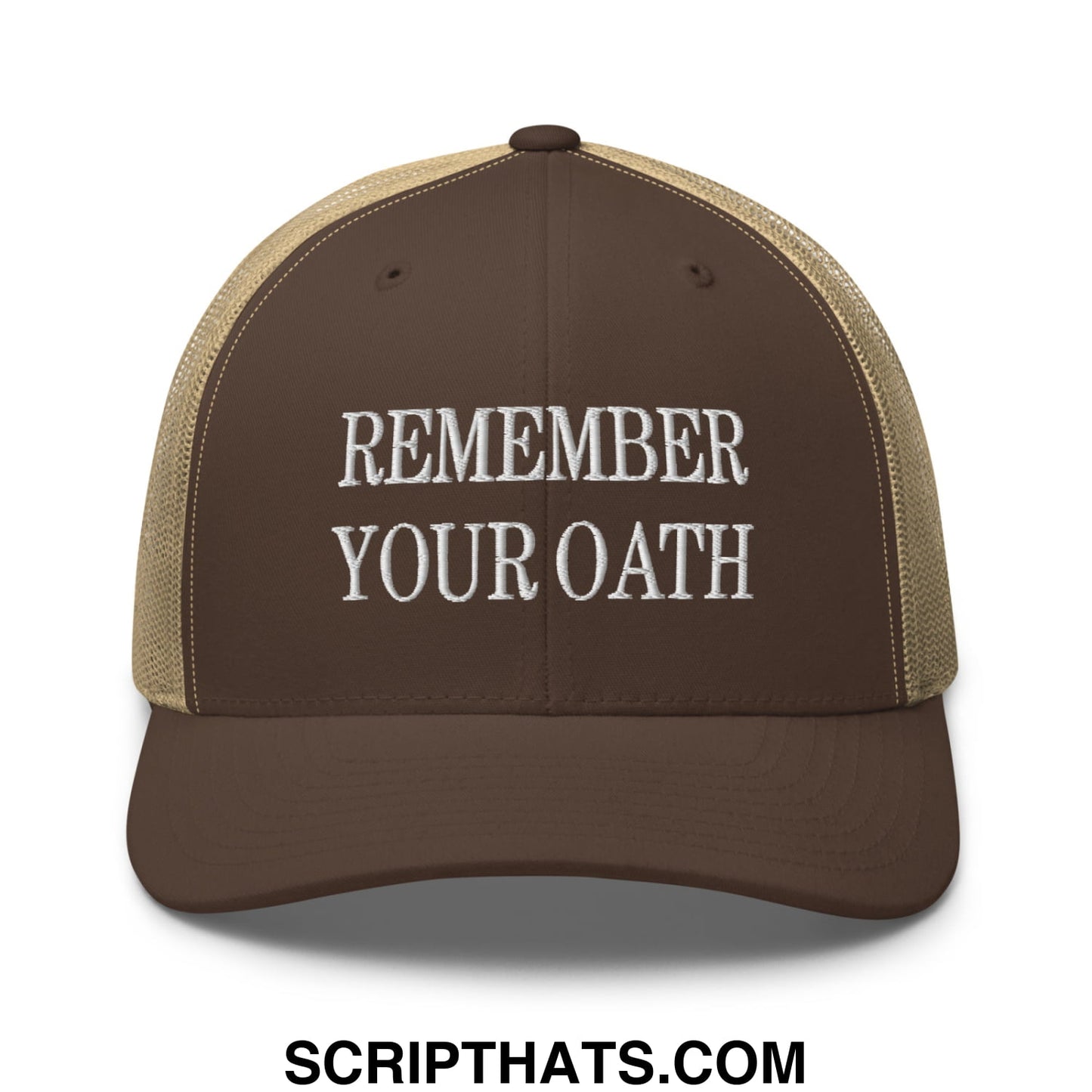 Brown and tan mesh trucker hat with white embroidered text remember your oath in a breathable design
