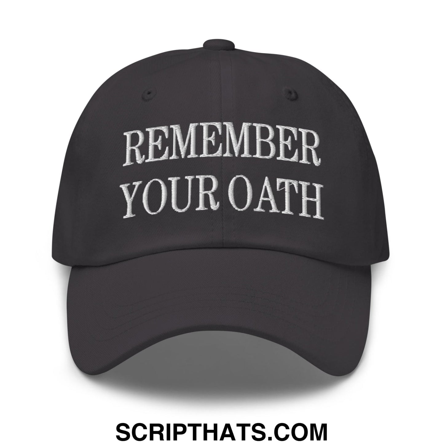Black unstructured dad hat with white embroidered remember your oath text ideal for casual wear
