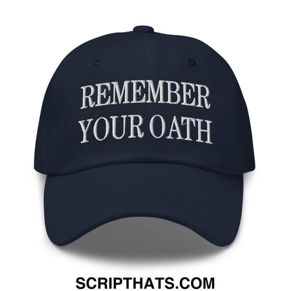 Navy blue unstructured dad hat with white embroidered remember your oath text ideal for casual wear