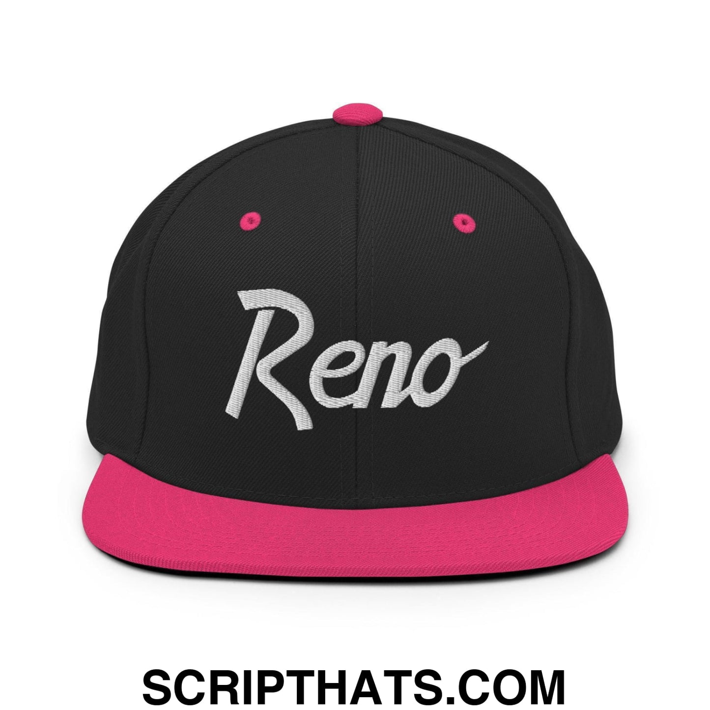 Reno Script Snapback Hat Black Neon Pink