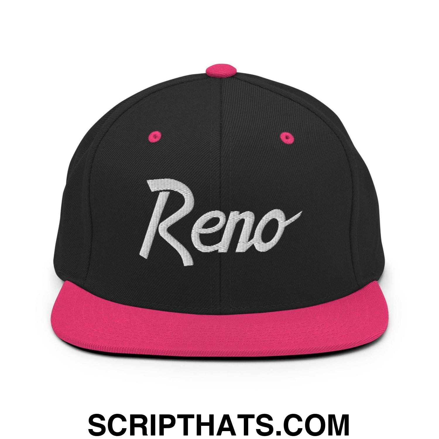 Reno Script Snapback Hat Black Neon Pink