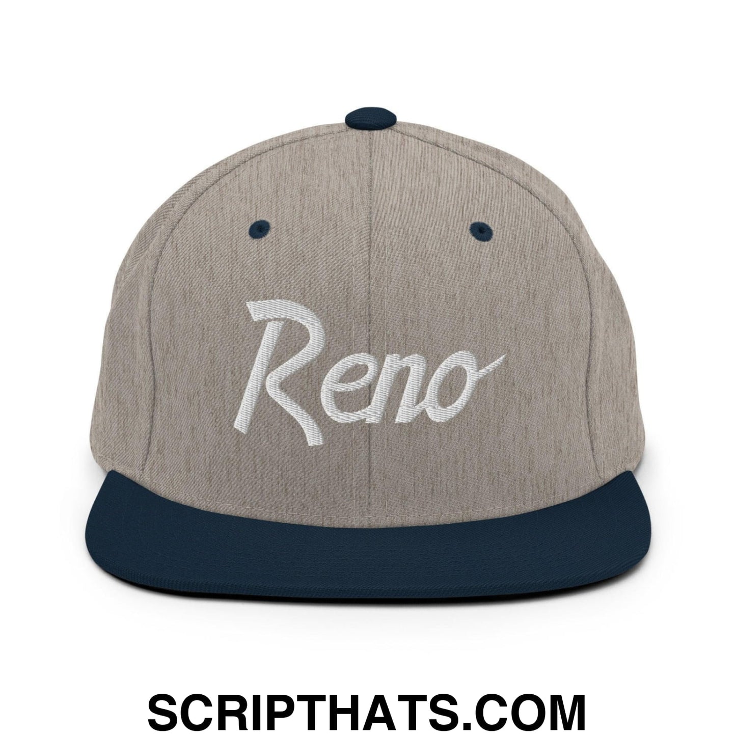 Reno Script Snapback Hat Heather Grey Navy