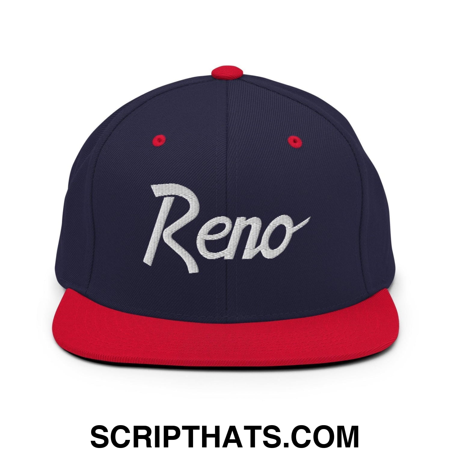 Reno Script Snapback Hat Navy Red