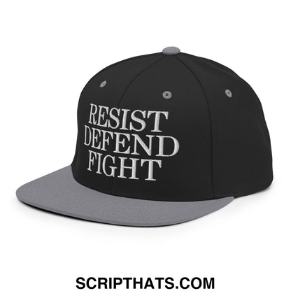 Black and gray snapback hat with white embroidered resist defend fight text on flat bill brim
