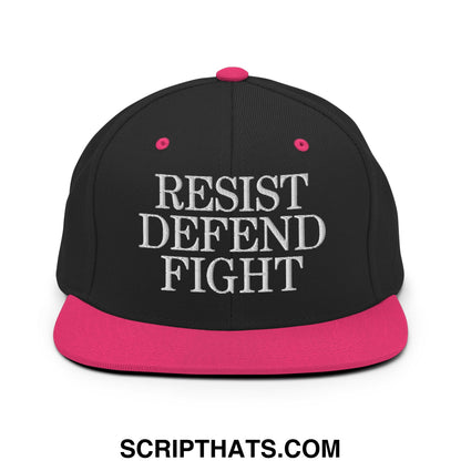 Black snapback cap with vibrant pink brim and button featuring white embroidered resist defend fight text