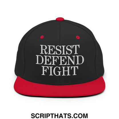 Black and red snapback hat with white embroidered resist defend fight text and flat bill brim design