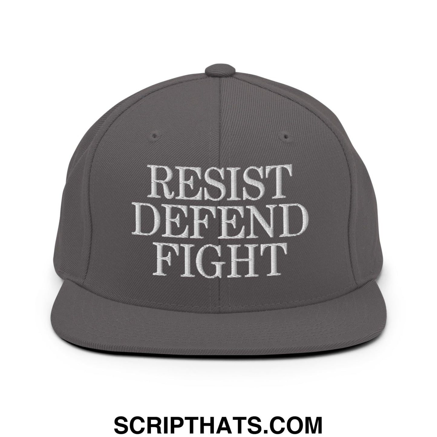 A dark gray snapback hat with white embroidered resist defend fight text and a flat bill brim design