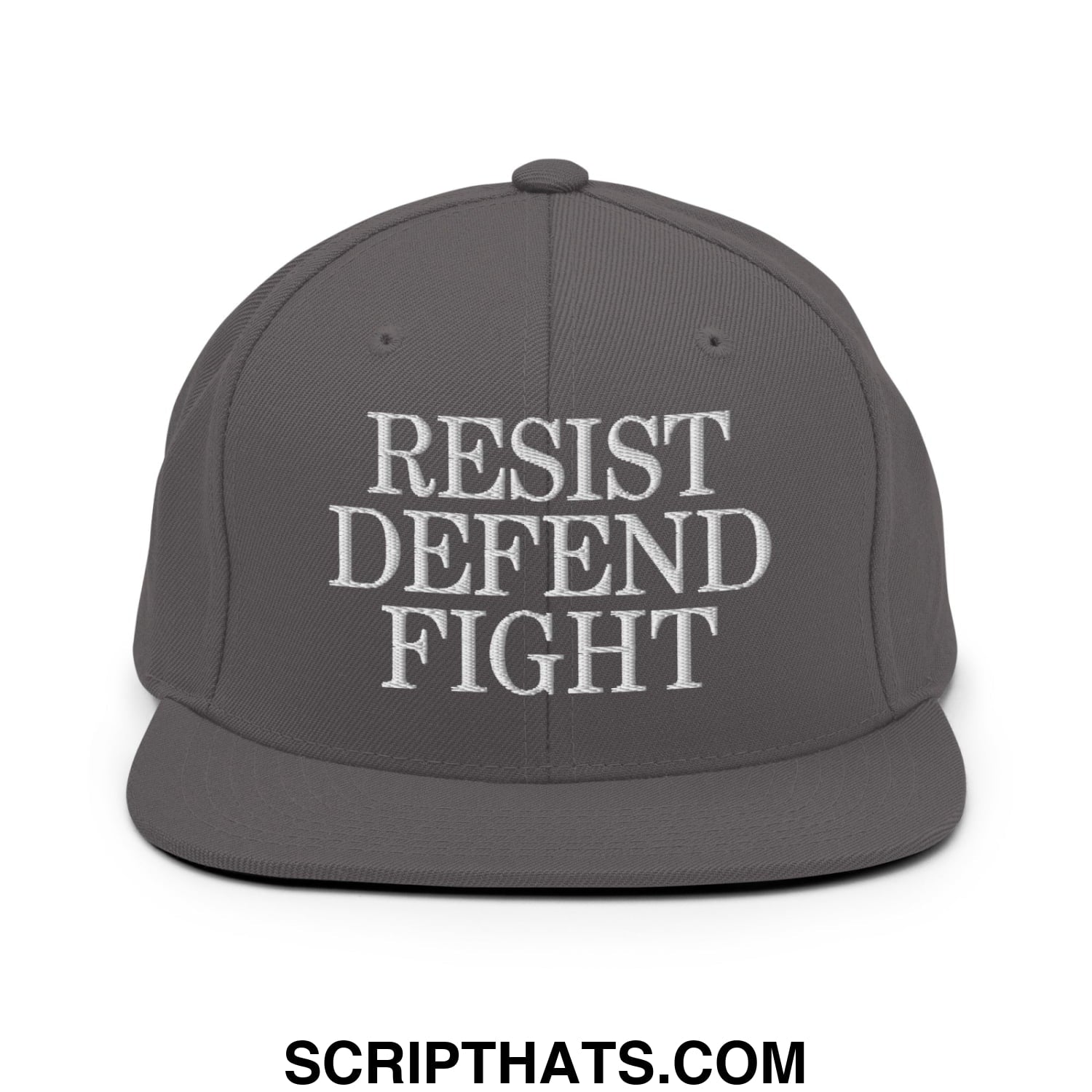 A dark gray snapback hat with white embroidered resist defend fight text and a flat bill brim design