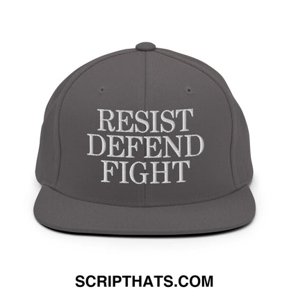 A dark gray snapback hat with white embroidered resist defend fight text and a flat bill brim design