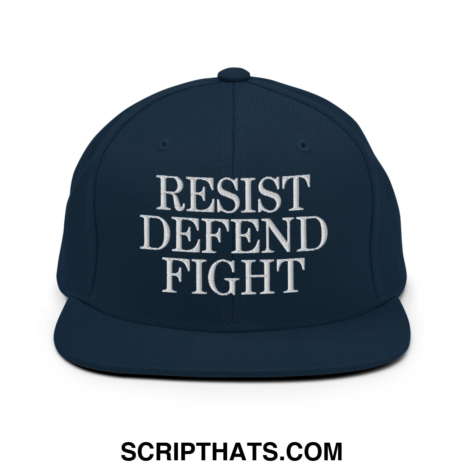 Navy blue snapback hat with white embroidered resist defend fight text and flat bill brim for casual wear