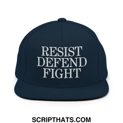 Navy blue snapback hat with white embroidered resist defend fight text and flat bill brim for casual wear
