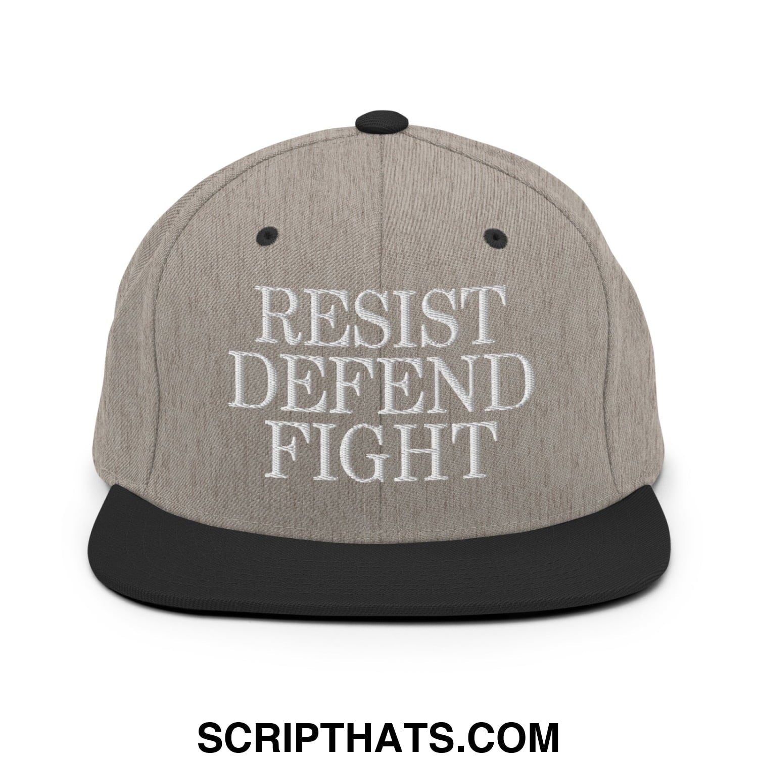 Gray and black snapback hat with white embroidered resist defend fight text and flat bill brim design