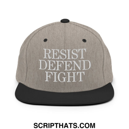 Gray and black snapback hat with white embroidered resist defend fight text and flat bill brim design