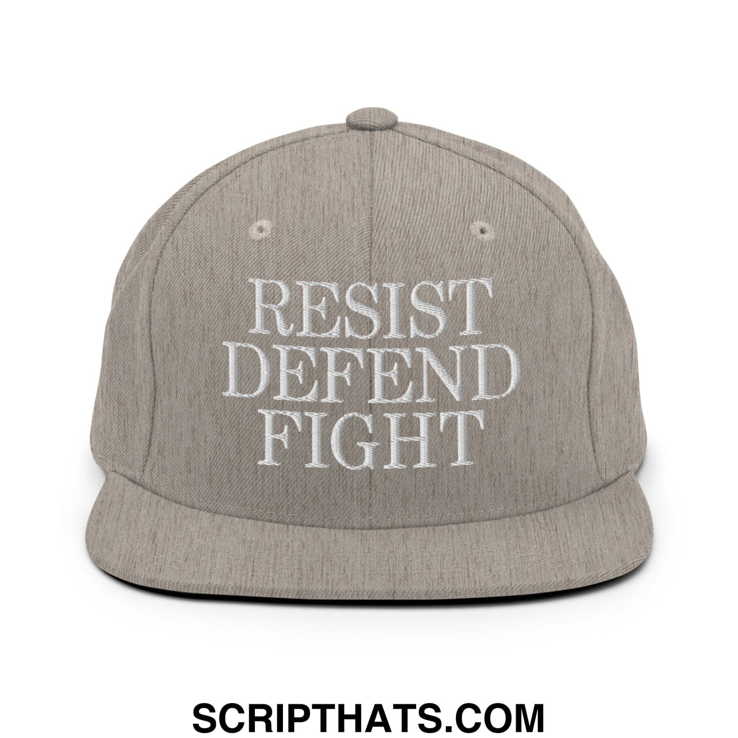 Gray snapback hat with white embroidered resist defend fight text and flat bill brim for casual wear