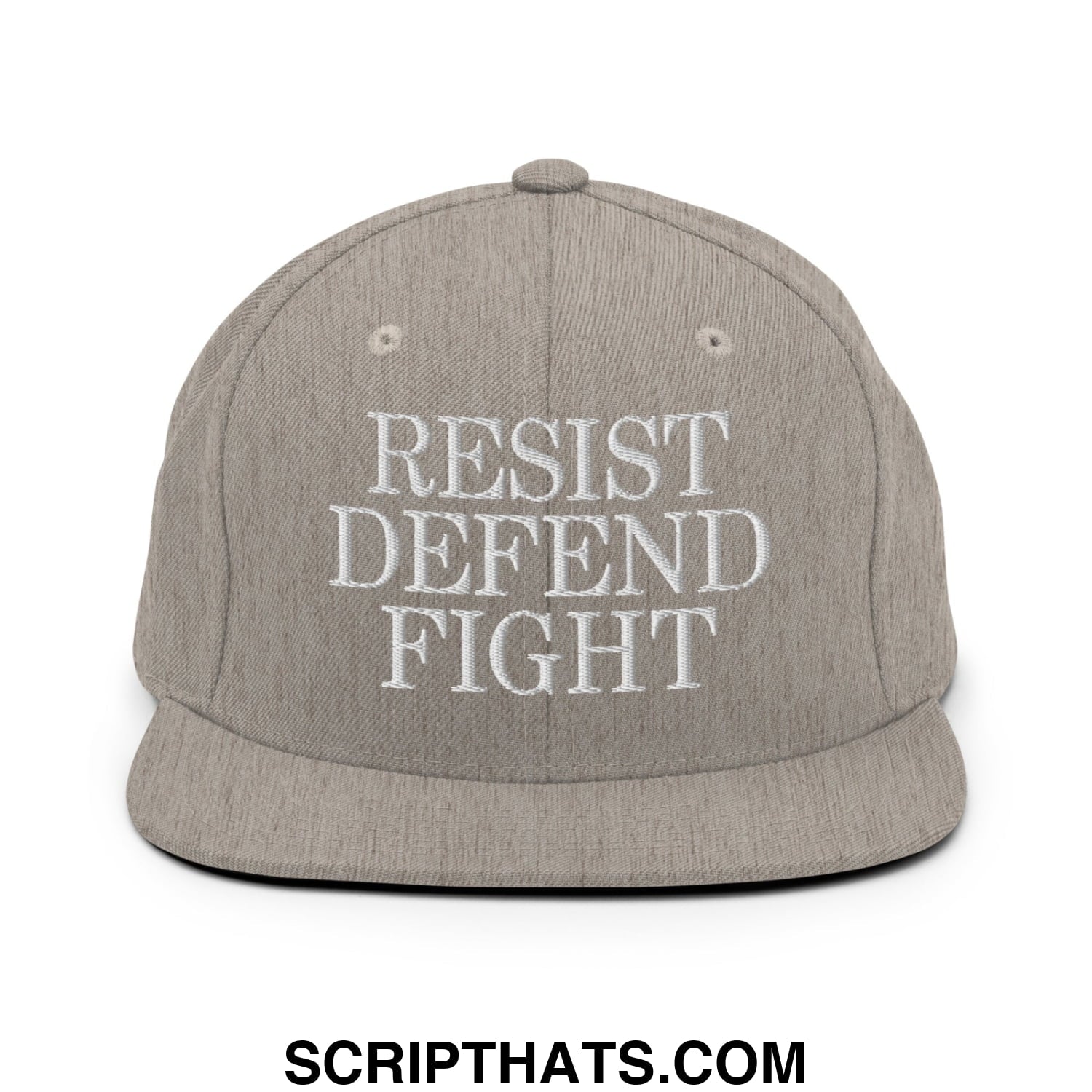 Gray snapback hat with white embroidered resist defend fight text and flat bill brim for casual wear