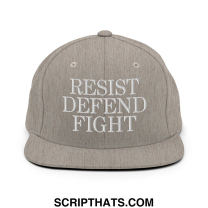 Gray snapback hat with white embroidered resist defend fight text and flat bill brim for casual wear