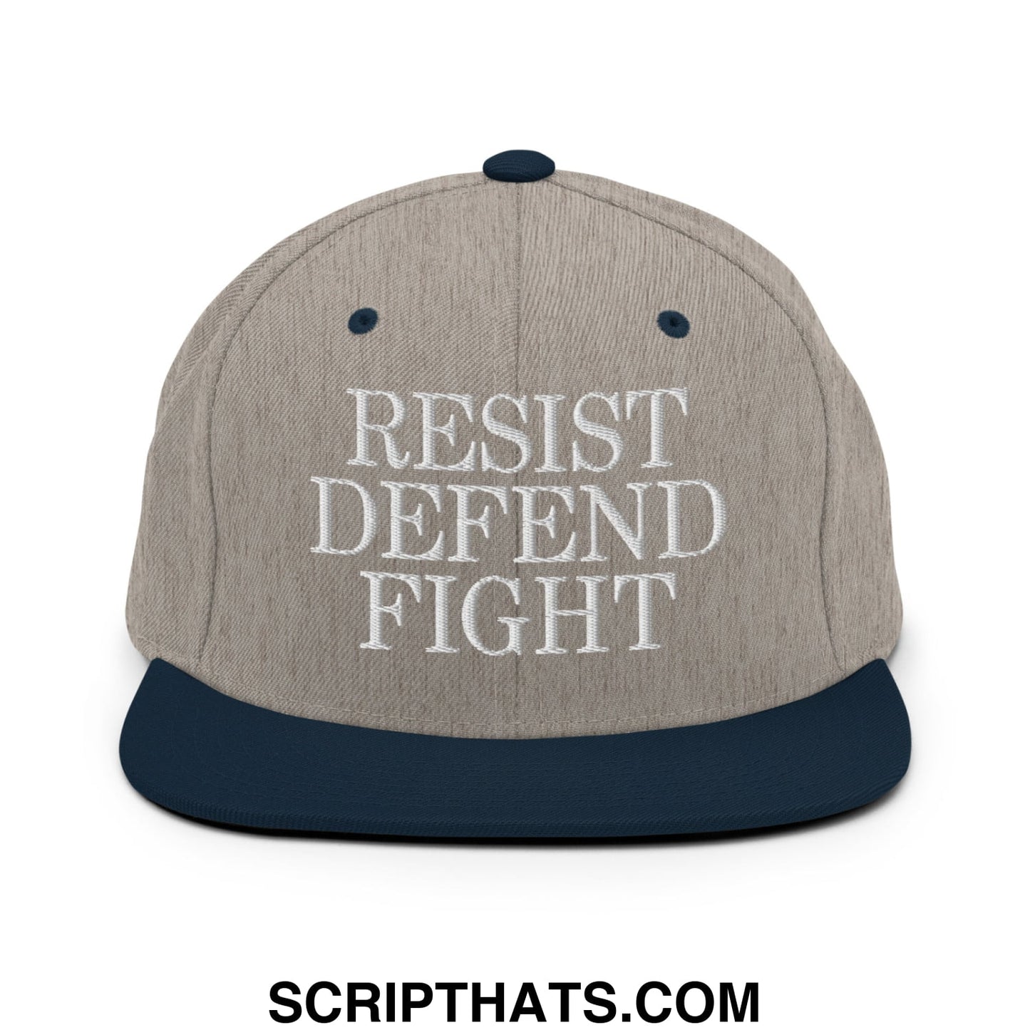 A gray and navy blue snapback hat with resist defend fight embroidered in white on a flat bill brim