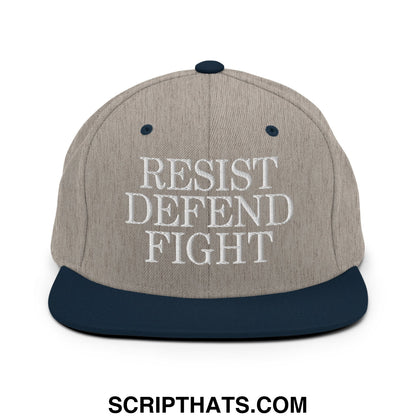 A gray and navy blue snapback hat with resist defend fight embroidered in white on a flat bill brim