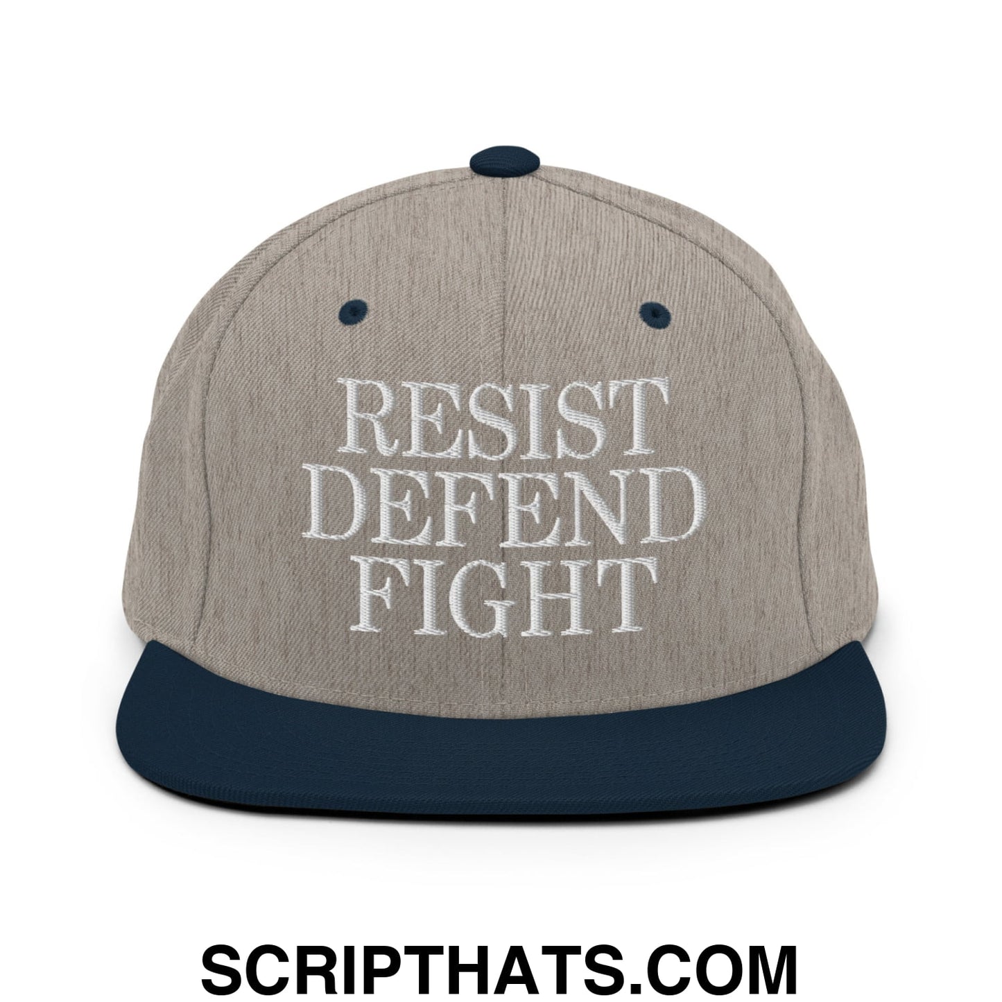 Resist Defend Fight Embroidered Flat Bill Brim Snapback Hat Heather Grey Navy