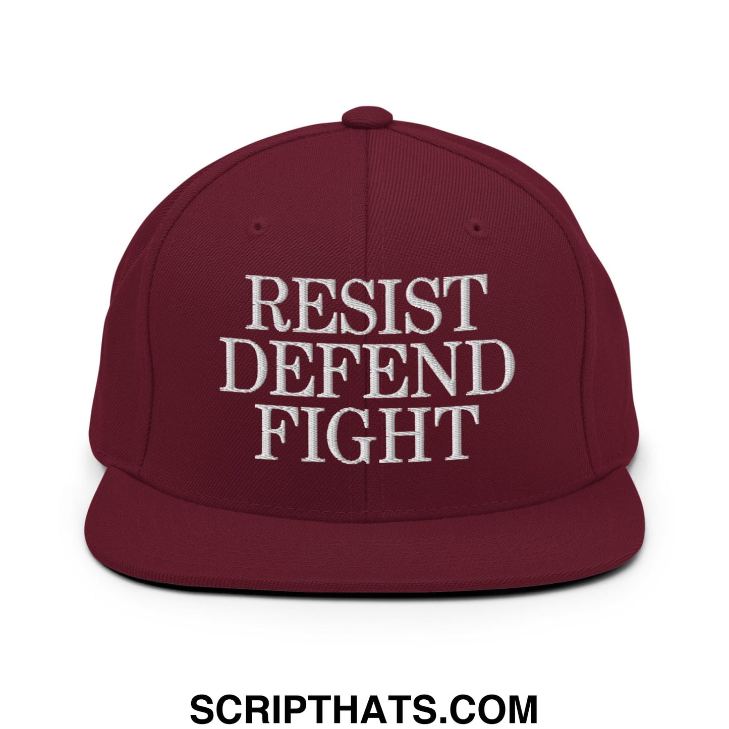 Maroon snapback cap with white embroidered resist defend fight text flat bill brim for casual wear