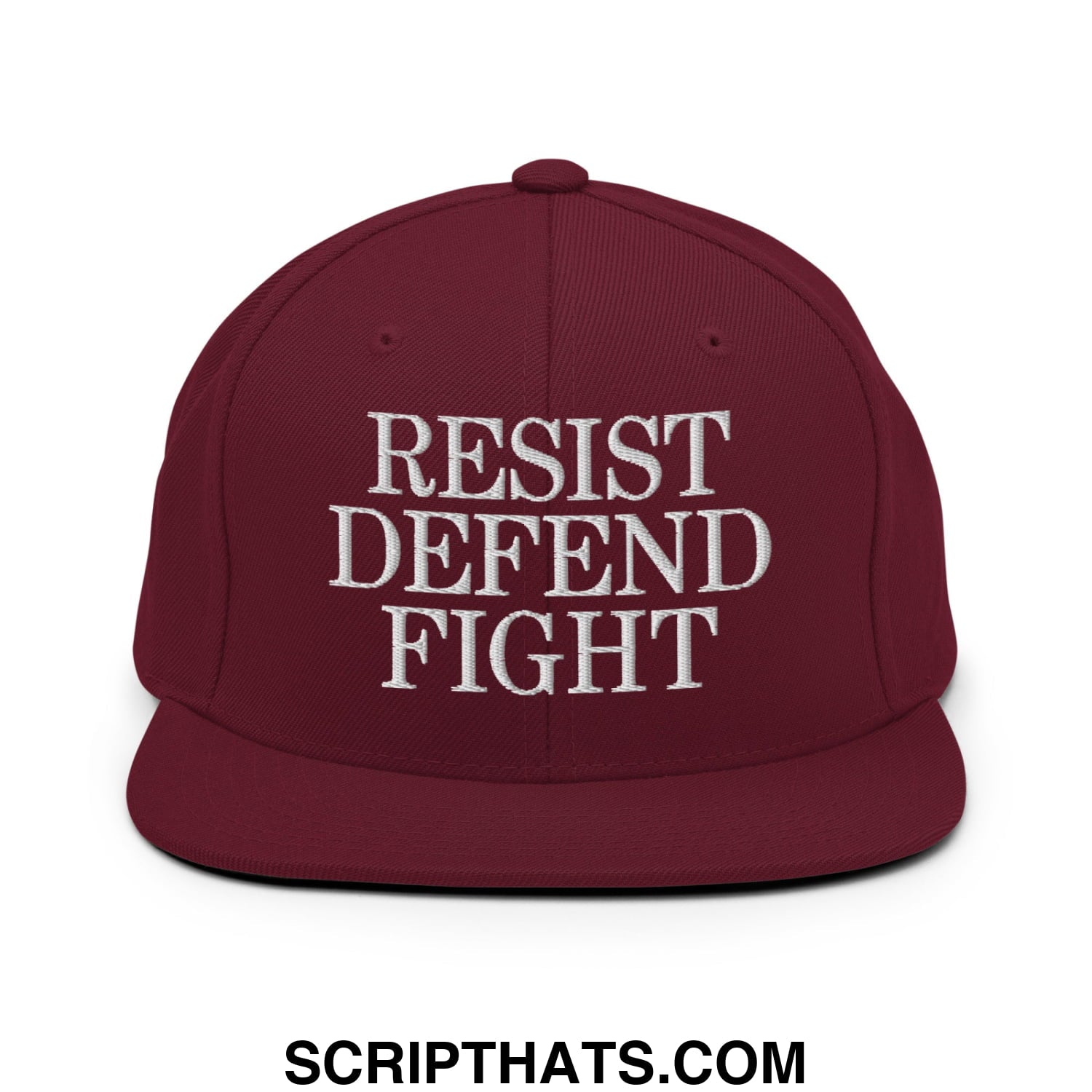 Maroon snapback cap with white embroidered resist defend fight text flat bill brim for casual wear